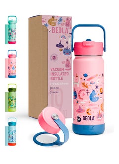 BEOLA 550ml Kids Water Bottle 18/8 Stainless Steel Double Wall Insulated Thermos Bottle with Straw Lid and Wide Mouth, Hot Cold Liquids Sports School Bottle (19oz, Unicat Magic)  - Image 1