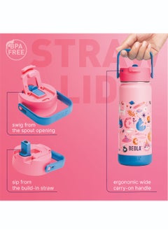 BEOLA 550ml Kids Water Bottle 18/8 Stainless Steel Double Wall Insulated Thermos Bottle with Straw Lid and Wide Mouth, Hot Cold Liquids Sports School Bottle (19oz, Unicat Magic)  - Image 3