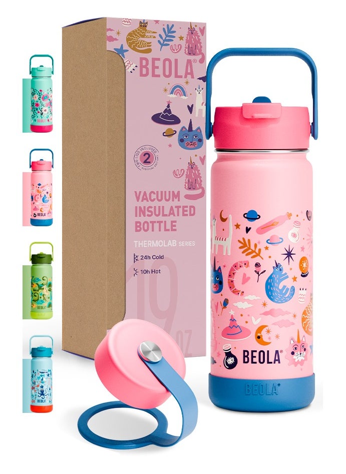 BEOLA 550ml Kids Water Bottle 18/8 Stainless Steel Double Wall Insulated Thermos Bottle with Straw Lid and Wide Mouth, Hot Cold Liquids Sports School Bottle (19oz, Unicat Magic)  - Image 1