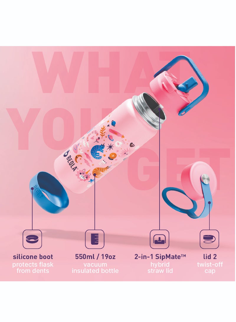BEOLA 550ml Kids Water Bottle 18/8 Stainless Steel Double Wall Insulated Thermos Bottle with Straw Lid and Wide Mouth, Hot Cold Liquids Sports School Bottle (19oz, Unicat Magic) - Image 3