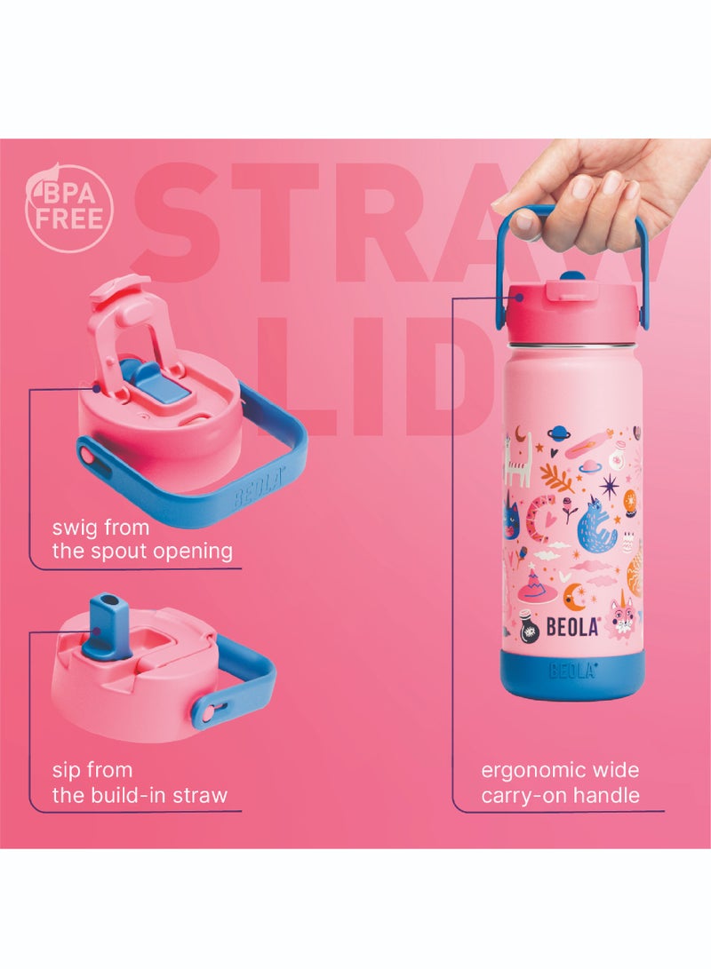 BEOLA 550ml Kids Water Bottle 18/8 Stainless Steel Double Wall Insulated Thermos Bottle with Straw Lid and Wide Mouth, Hot Cold Liquids Sports School Bottle (19oz, Unicat Magic) - Image 4
