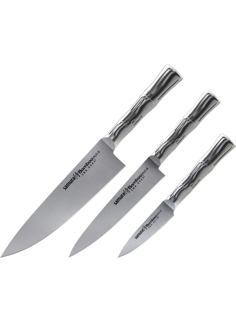 SAMURA BAMBOO Kitchen Knife Set of 3 | Japanese AUS‑8 Stainless Steel |  Chef  cm, Utility 15 cm & Paring 8 cm Blades Blades | Full‑Metal Bamboo Handle | Lightweight Professional Chef Knife Gift Set for Home - Image 1