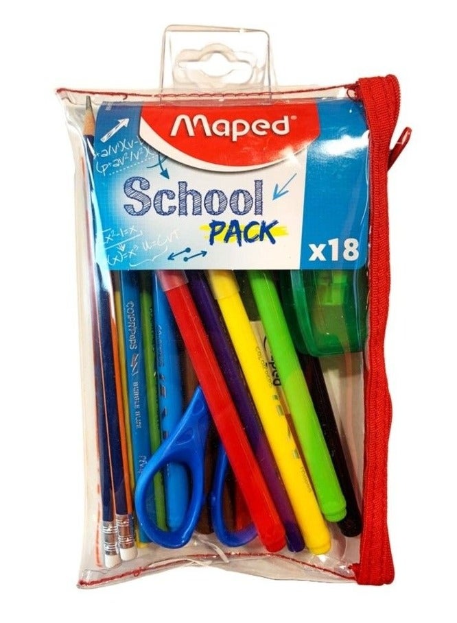 Maped مجموعة أدوات مكتبية مدرسية مكونة من 18 قطعة مع حقيبة أقلام شفافة بألوان متنوعة - Image 1