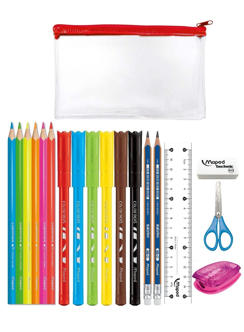 Maped مجموعة أدوات مكتبية مدرسية مكونة من 18 قطعة مع حقيبة أقلام شفافة بألوان متنوعة - Image 2