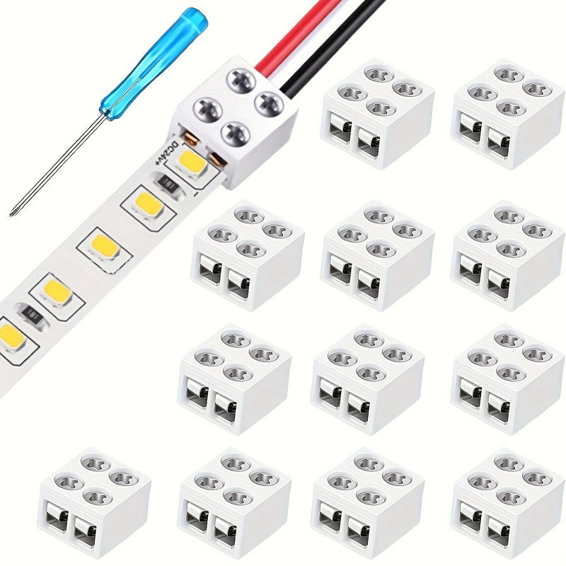 12 قطعة من موصلات شريط LED بدون لحام بتثبيت لولبي، ثنائية الأطراف، بعرض 8 مم، متوافقة مع شرائط LED من نوع 2835 و3525، تشمل مفك براغي. - Image 1