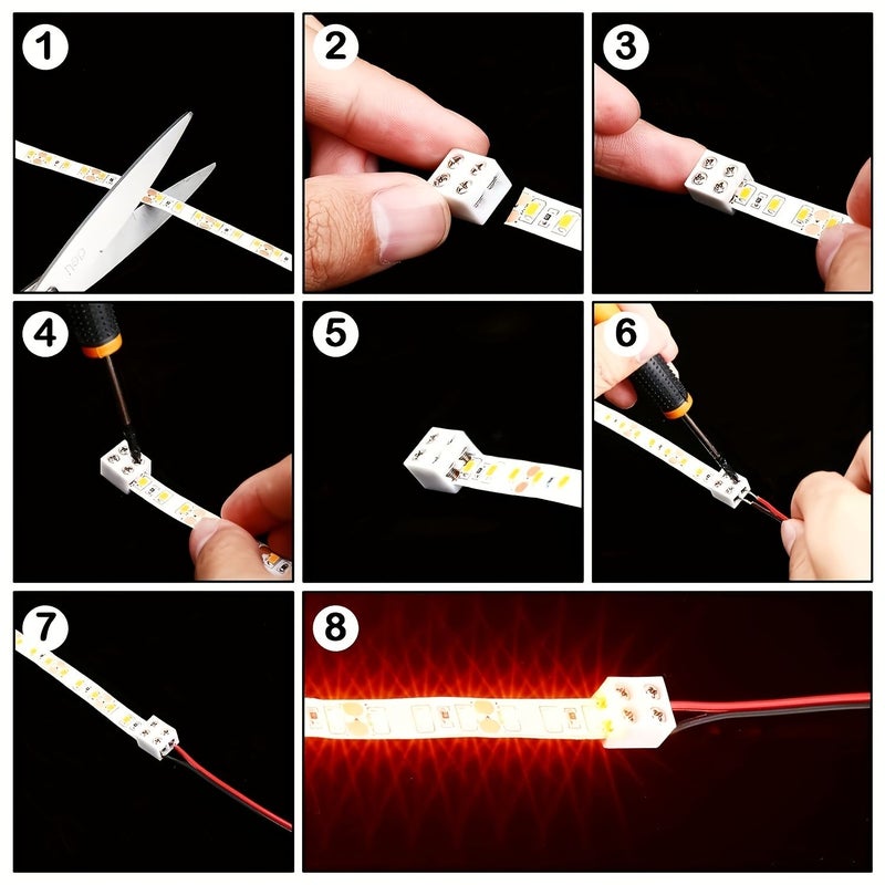 12 قطعة من موصلات شريط LED بدون لحام بتثبيت لولبي، ثنائية الأطراف، بعرض 8 مم، متوافقة مع شرائط LED من نوع 2835 و3525، تشمل مفك براغي. - Image 4