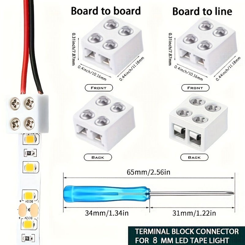 12 قطعة من موصلات شريط LED بدون لحام بتثبيت لولبي، ثنائية الأطراف، بعرض 8 مم، متوافقة مع شرائط LED من نوع 2835 و3525، تشمل مفك براغي. - Image 3