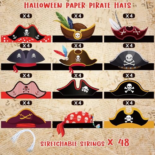 Funtery 48 Pcs Pirate Hat Halloween Pirate Party Accessories Kids Paper Costume Cap for Caribbean Cosplay Favors(Cute) - Image 3