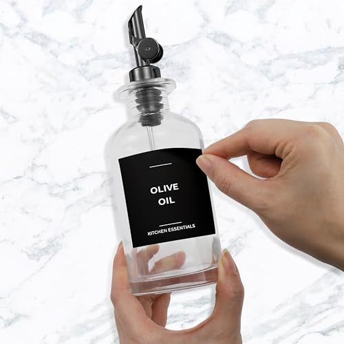 Spaceneat Olive Oil Dispenser Bottle - Includes 55 Kitchen Essential Labels - Cooking Oil Bottles for Kitchen, Coffee Syrup Dispenser - Pourer Spout with 11.8 fl oz Glass Container Cruet - 2pcs, Black - Image 3