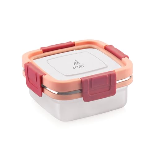 ATTRO Sparkle Stainless Steel Lunch Box – Square Leak-Proof Spill-Proof Microwave Safe Ideal for Kids School Office Travel – 400ml Peach - Image 1