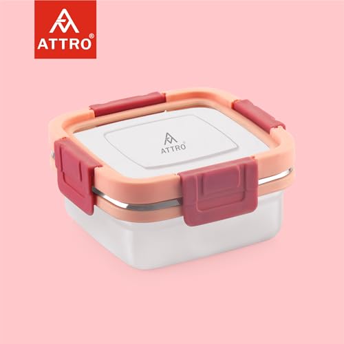 ATTRO Sparkle Stainless Steel Lunch Box – Square Leak-Proof Spill-Proof Microwave Safe Ideal for Kids School Office Travel – 400ml Peach - Image 4