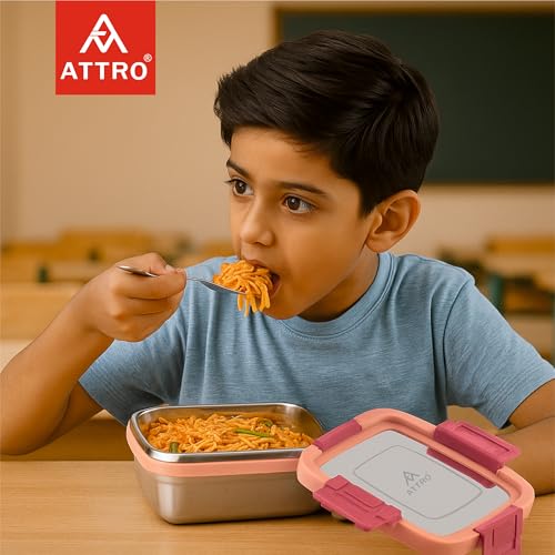 ATTRO Sparkle Stainless Steel Lunch Box – Square Leak-Proof Spill-Proof Microwave Safe Ideal for Kids School Office Travel – 400ml Peach - Image 2