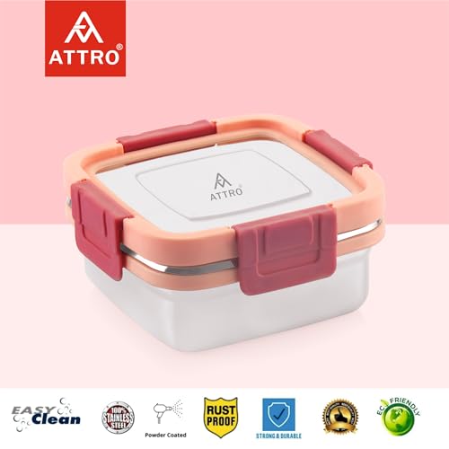 ATTRO Sparkle Stainless Steel Lunch Box – Square Leak-Proof Spill-Proof Microwave Safe Ideal for Kids School Office Travel – 400ml Peach - Image 3