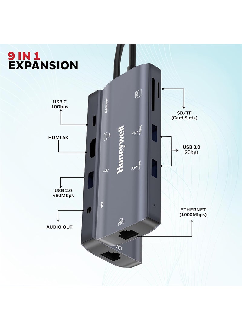 هوني ويل محطة إرساء نوع C 9 في 1 / محور USB مع منفذ HDMI 4K ومنفذ Ethernet RJ45 بسرعة 1Gbps و 2 منفذ USB 3.0 و 1 منفذ USB 2.0 ومنفذ Type C 3.0 PD100W ومنفذ SD و Micro SD ومنفذ صوت لجميع أجهزة Type C ويندوز / ماك بوك رمادي - Image 2