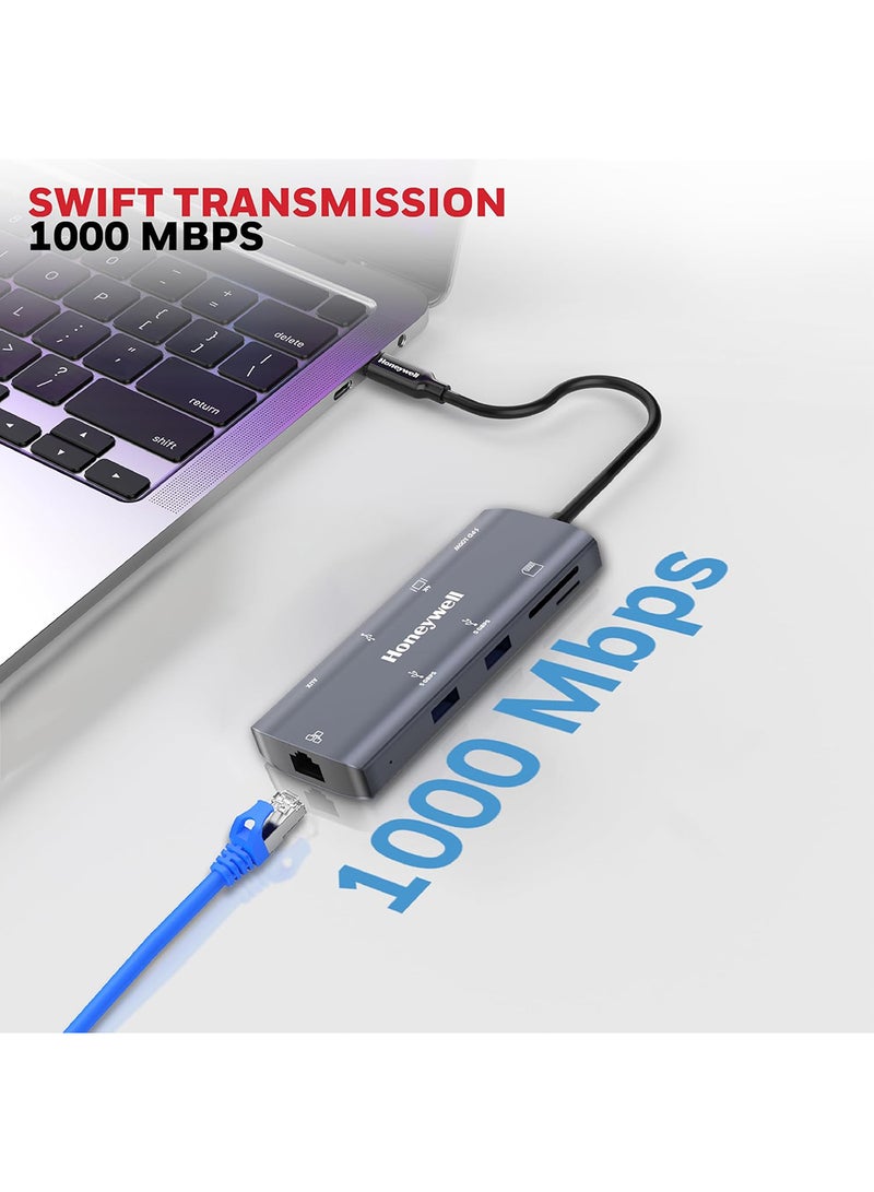 هوني ويل محطة إرساء نوع C 9 في 1 / محور USB مع منفذ HDMI 4K ومنفذ Ethernet RJ45 بسرعة 1Gbps و 2 منفذ USB 3.0 و 1 منفذ USB 2.0 ومنفذ Type C 3.0 PD100W ومنفذ SD و Micro SD ومنفذ صوت لجميع أجهزة Type C ويندوز / ماك بوك رمادي - Image 5