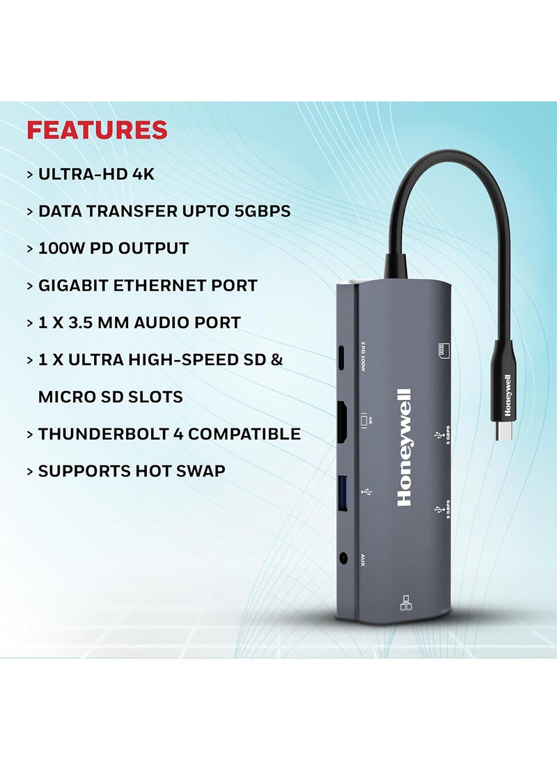 هوني ويل محطة إرساء نوع C 9 في 1 / محور USB مع منفذ HDMI 4K ومنفذ Ethernet RJ45 بسرعة 1Gbps و 2 منفذ USB 3.0 و 1 منفذ USB 2.0 ومنفذ Type C 3.0 PD100W ومنفذ SD و Micro SD ومنفذ صوت لجميع أجهزة Type C ويندوز / ماك بوك رمادي - Image 3