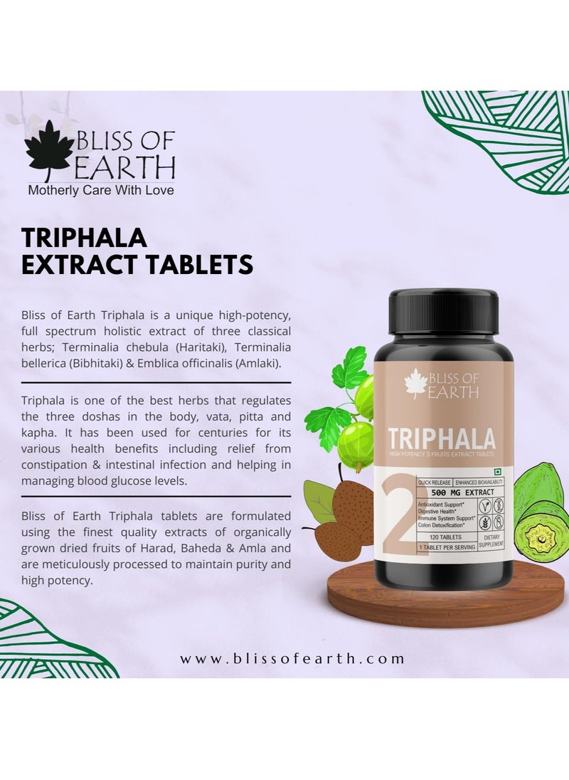 BLISS OF EARTH - Bliss of Earth High Potency Triphala Extract Tablets 500mg With Quick nhanced Bioavailability Digestive Health Constipation Relief Support 120 TabletsRelease E - Image 1