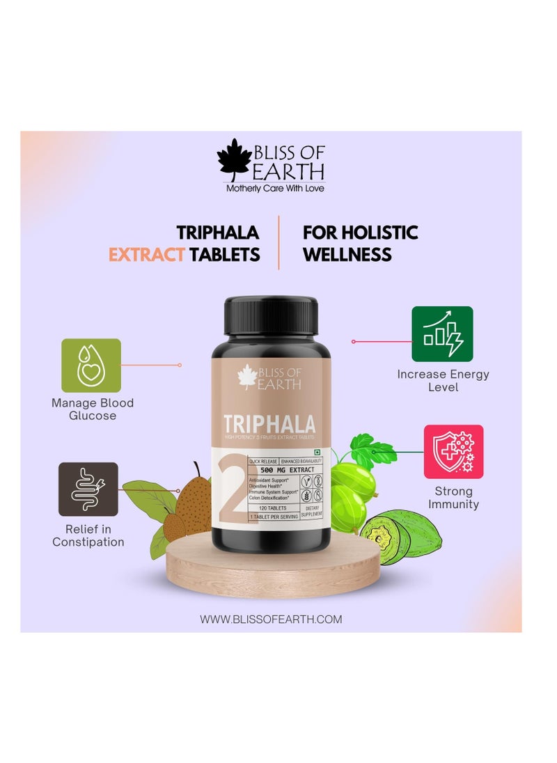 BLISS OF EARTH - Bliss of Earth High Potency Triphala Extract Tablets 500mg With Quick nhanced Bioavailability Digestive Health Constipation Relief Support 120 TabletsRelease E - Image 1