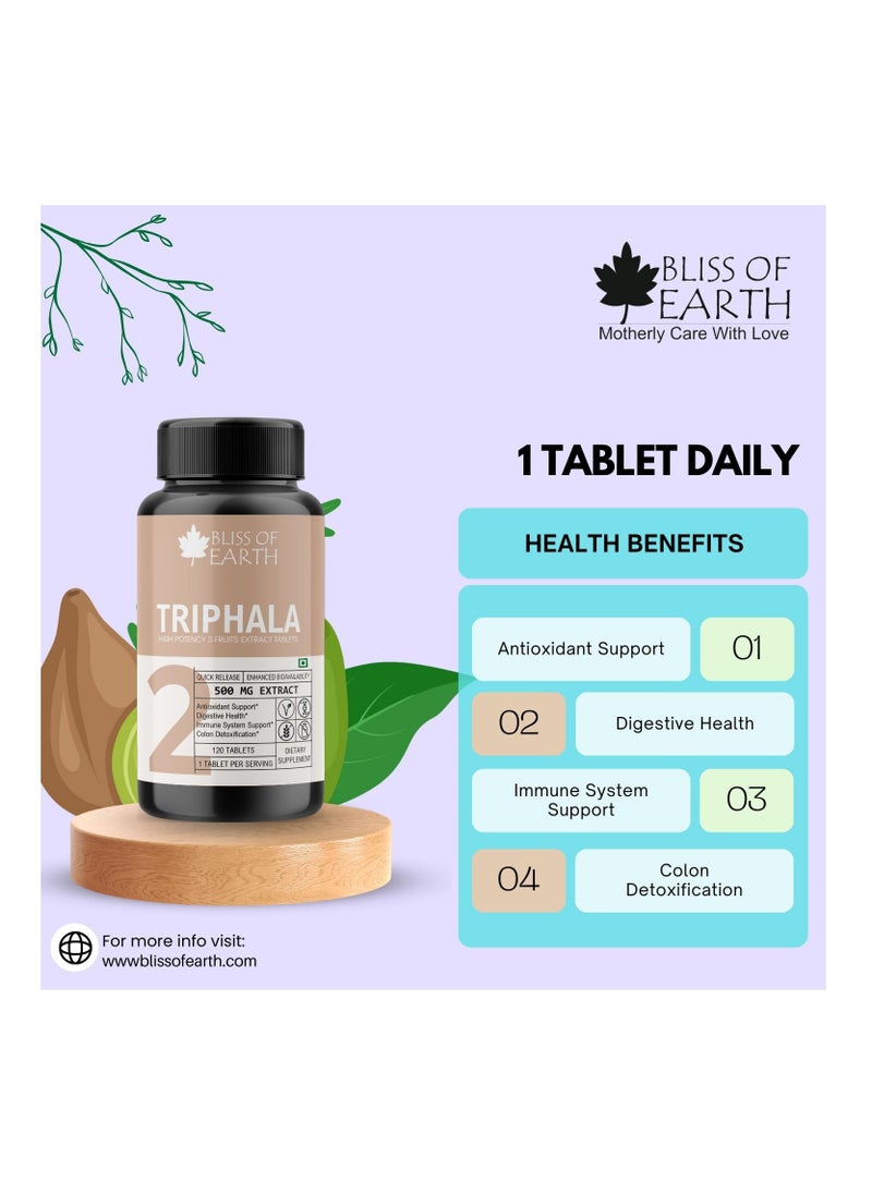 BLISS OF EARTH - Bliss of Earth High Potency Triphala Extract Tablets 500mg With Quick nhanced Bioavailability Digestive Health Constipation Relief Support 120 TabletsRelease E - Image 1
