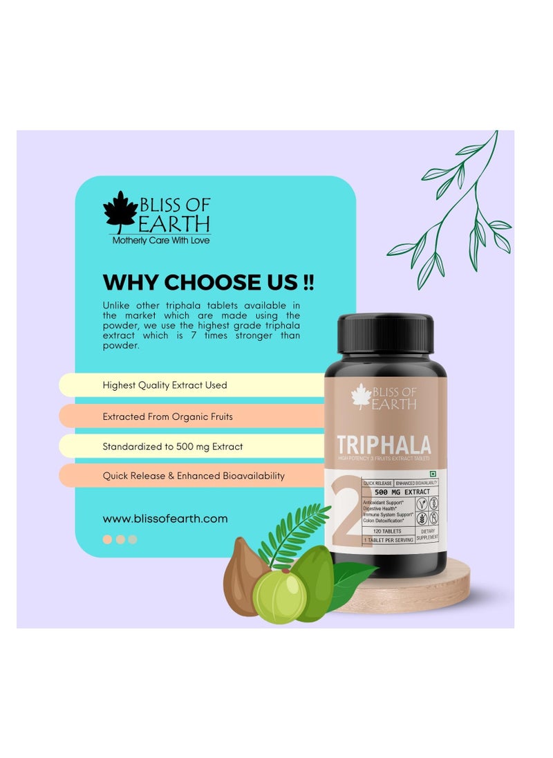 BLISS OF EARTH - Bliss of Earth High Potency Triphala Extract Tablets 500mg With Quick nhanced Bioavailability Digestive Health Constipation Relief Support 120 TabletsRelease E - Image 1