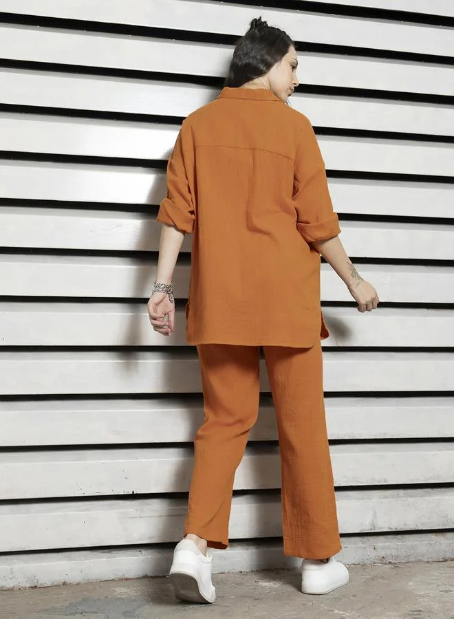HIGH STAR Women's Regular Fit Orange Popcorn Co-ord Set with Bold Color and Textured Fabric