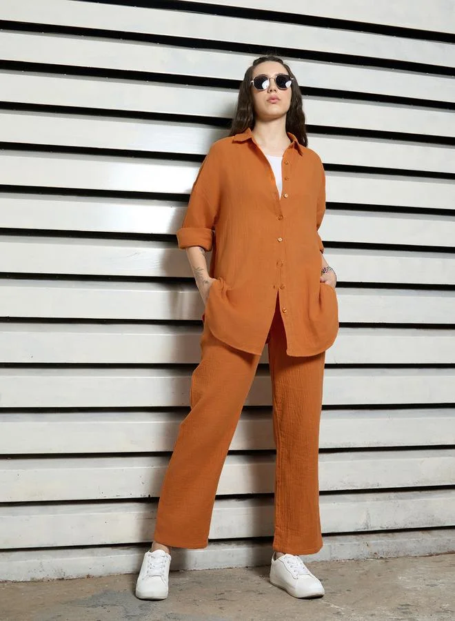 HIGH STAR Women's Regular Fit Orange Popcorn Co-ord Set with Bold Color and Textured Fabric