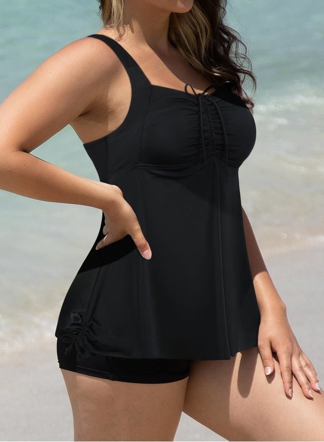 Septangle Women's Tankini Set Ruffle Swimwear Solid Two Pieces Swimsuit (Black, US 20W) - Image 5