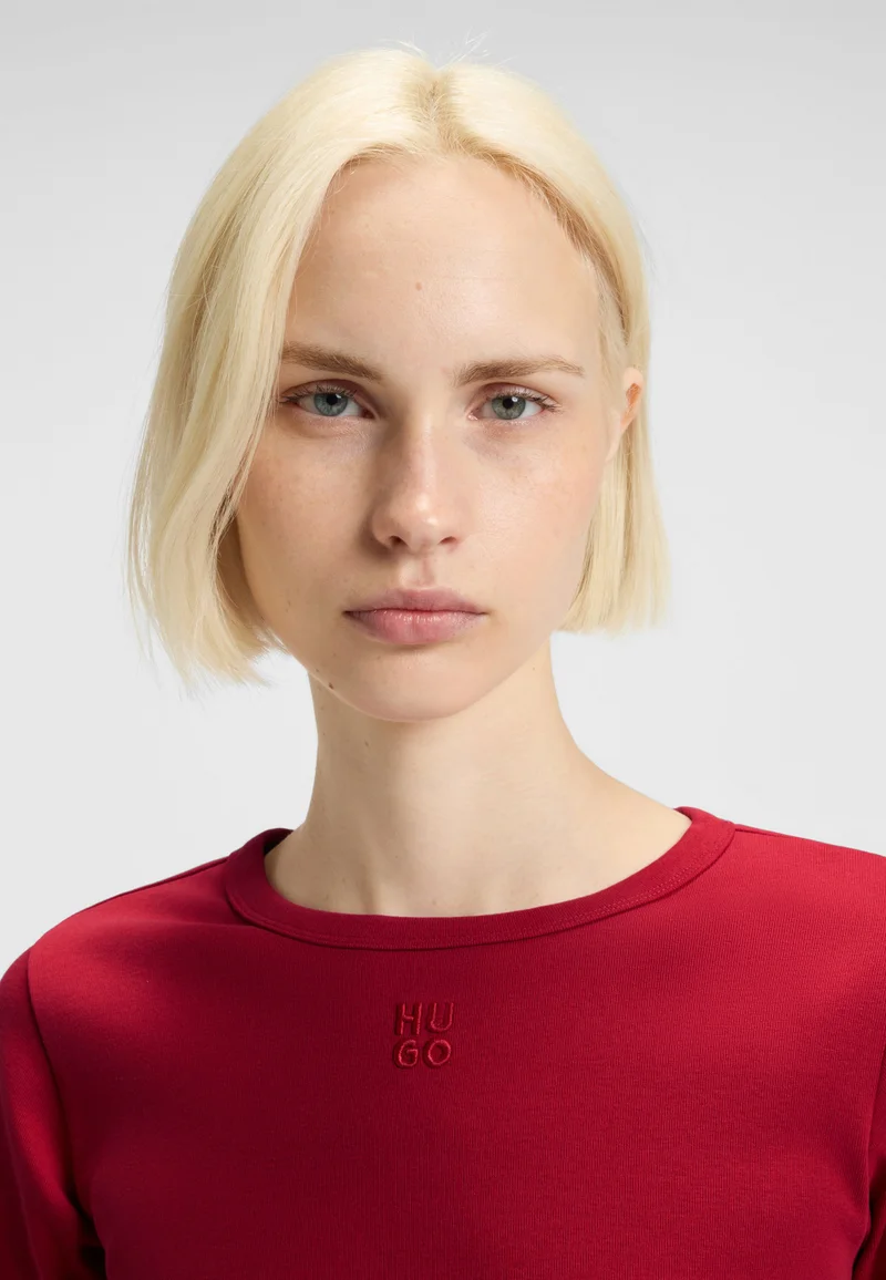 HUGO Cotton-blend T-shirt with stacked-logo embroidery