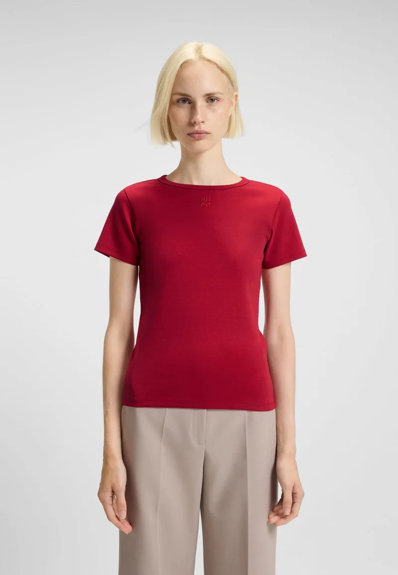 HUGO Cotton-blend T-shirt with stacked-logo embroidery