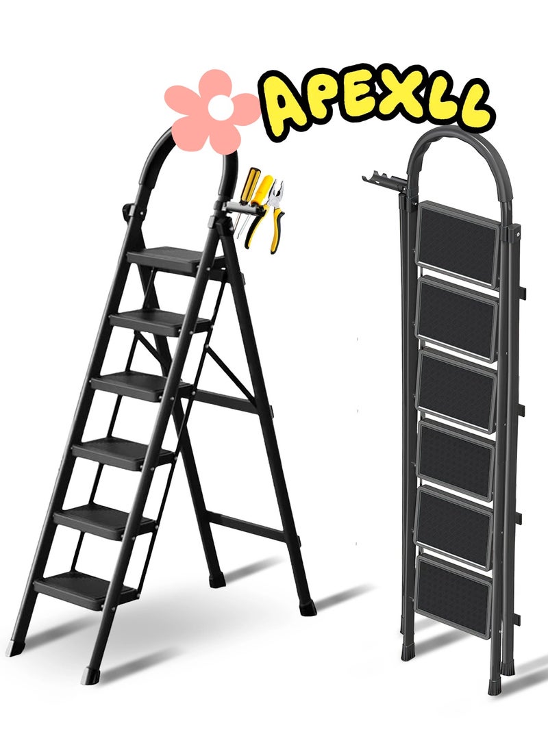 Apexll Sturdy 6-Step Folding Ladder with Tool Holder, Anti-Slip Pedal, Portable Iron Step Stool for Kitchen, Household, Indoor & Outdoor Use - Image 1