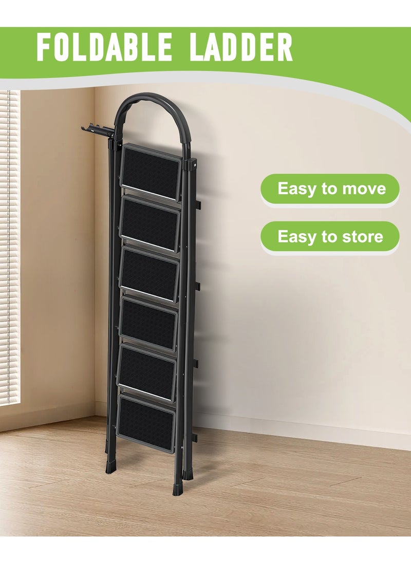 Bentifar - Sturdy 6-Step Folding Ladder with Tool Holder, Anti-Slip Pedal, Portable Iron Step Stool for Kitchen, Household, Indoor & Outdoor Use - Image 1