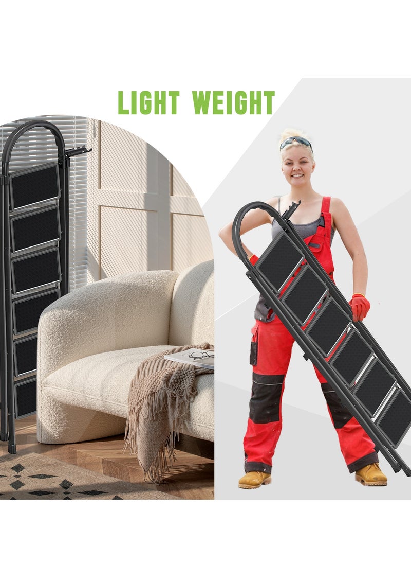 Bentifar - Sturdy 6-Step Folding Ladder with Tool Holder, Anti-Slip Pedal, Portable Iron Step Stool for Kitchen, Household, Indoor & Outdoor Use - Image 1
