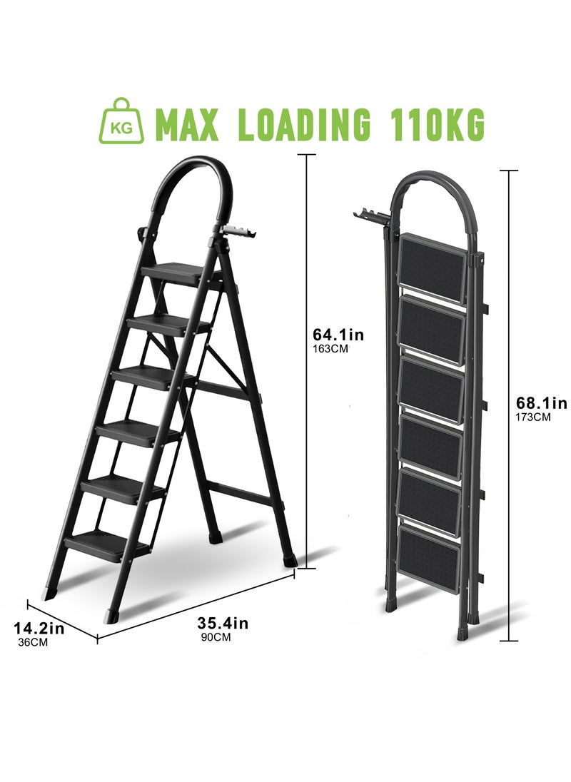 Bentifar - Sturdy 6-Step Folding Ladder with Tool Holder, Anti-Slip Pedal, Portable Iron Step Stool for Kitchen, Household, Indoor & Outdoor Use - Image 1