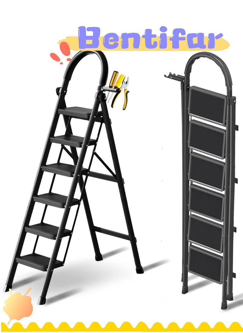 Bentifar - Sturdy 6-Step Folding Ladder with Tool Holder, Anti-Slip Pedal, Portable Iron Step Stool for Kitchen, Household, Indoor & Outdoor Use - Image 1