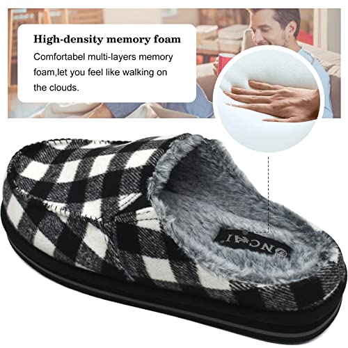 ONCAI Mens Slippers, Warm Cozy Faux Fur Clogs with Arch Support Cotton-Blend High-Density Memory Foam Plantar Fasciitis House Slippers Indoor Outdoor Rubber hard Sole Plaid Black/White Size 12 - Image 4