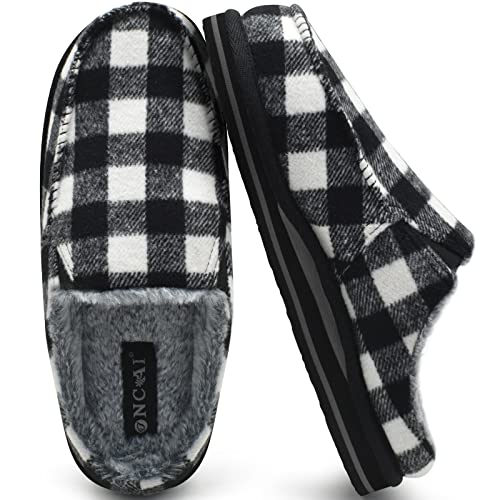 ONCAI Mens Slippers, Warm Cozy Faux Fur Clogs with Arch Support Cotton-Blend High-Density Memory Foam Plantar Fasciitis House Slippers Indoor Outdoor Rubber hard Sole Plaid Black/White Size 12 - Image 1