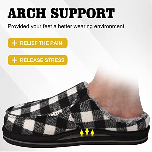 ONCAI Mens Slippers, Warm Cozy Faux Fur Clogs with Arch Support Cotton-Blend High-Density Memory Foam Plantar Fasciitis House Slippers Indoor Outdoor Rubber hard Sole Plaid Black/White Size 12 - Image 5