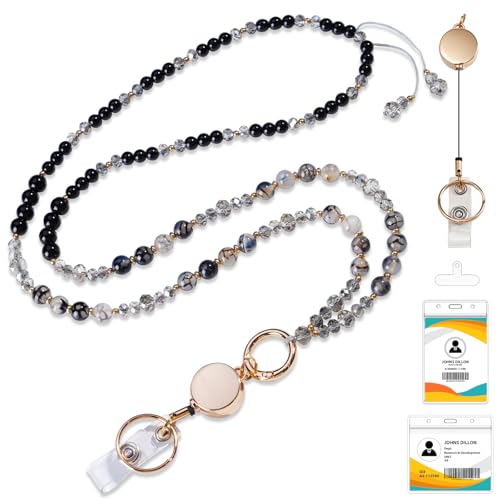 HKNR Retractable Lanyards for ID Badges and Keys with Badge Reels, Natural Stone Beaded Lanyard for Women and Teacher, Cute Lanyard for Cruise, Office and Travel (Black Agate Stone) - Image 1