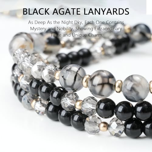 HKNR Retractable Lanyards for ID Badges and Keys with Badge Reels, Natural Stone Beaded Lanyard for Women and Teacher, Cute Lanyard for Cruise, Office and Travel (Black Agate Stone) - Image 2