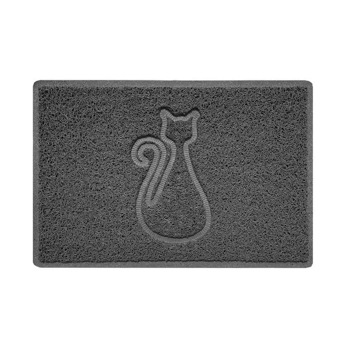 CAT EMBOSSED SHAPE DOOR MAT DIRT TRAPPER PVC SPAGHETTI MAT WASHABLE QUICK DRYING BARRIER DOORMATDARK GREY WATERTIGHT RUBBERBACKSMALL 60X40CM