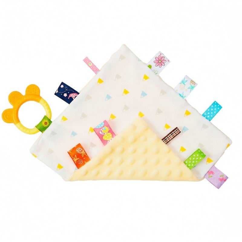 insular Baby Towel: 25.5 * 25.5cm Soft Cotton Fabric - Cute Patterned Embossed Surface With Colorful Tags Silicone Teether for Baby Teething Relief & Gum Massage - Image 1