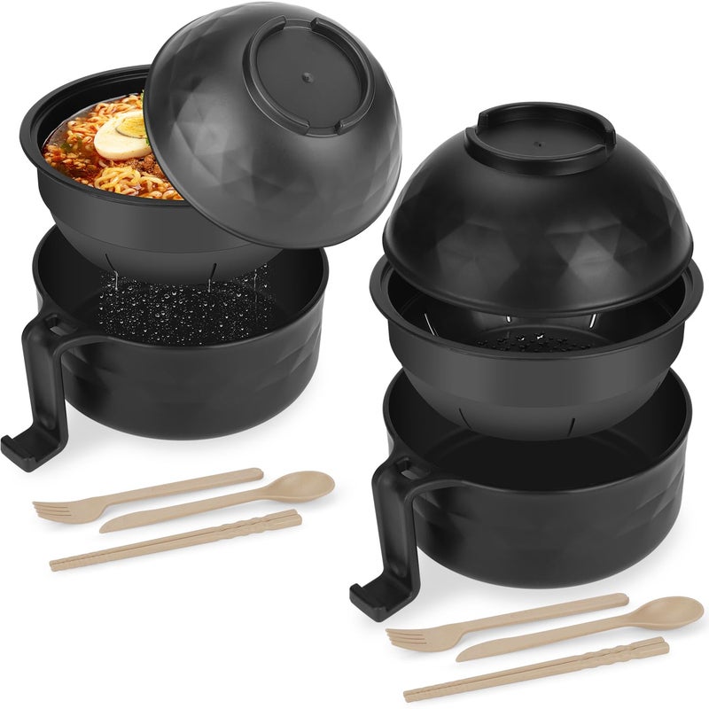 UUGLAM Ramen Bowl Set of 2, Ramen Cooker 33 oz, Ramen Bowls with Chopsticks and Spoon, Microwave Pasta Cooker, Ramen Bowl Microwave Gift College Dorm Essentials for Girls Guys (Black) - Image 1