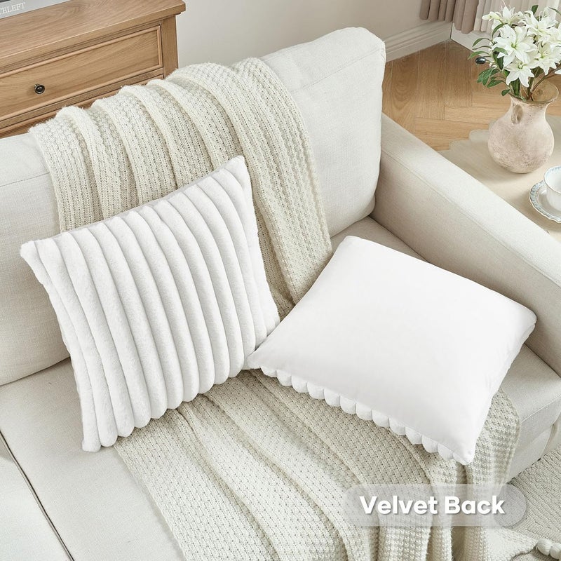 FUTEI Pack of 2 Fluffy Faux Fur Throw Pillow Covers 16x16 Inch Elegant Striped Textured Decorative Cushion Cases Modern Accent Pillow for Couch Bed Living Room, White - Image 4