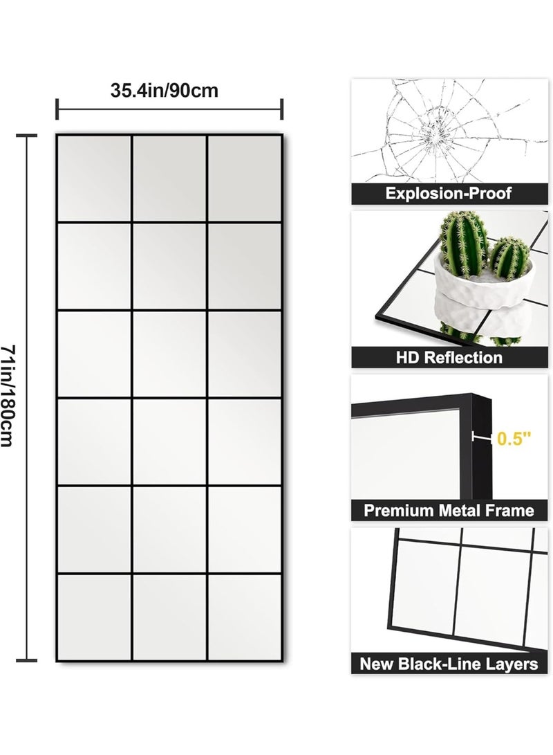 فيبارتي مرآة حائط عصرية بنمط نافذة (٩٠x ١٨٠ سم) - مرآة كبيرة بإطار معدني أسود غير لامع وشبكة مزخرفة | تركيب أفقي ورأسي لغرفة المعيشة، المدخل، غرفة النوم، وطاولة الزينة - Image 2