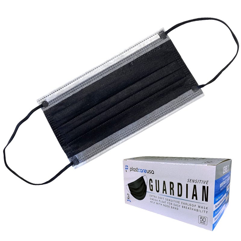 50 4Ply ASTM Level 3 Black with White Stripe Face Masks with Adjustable Nose Band