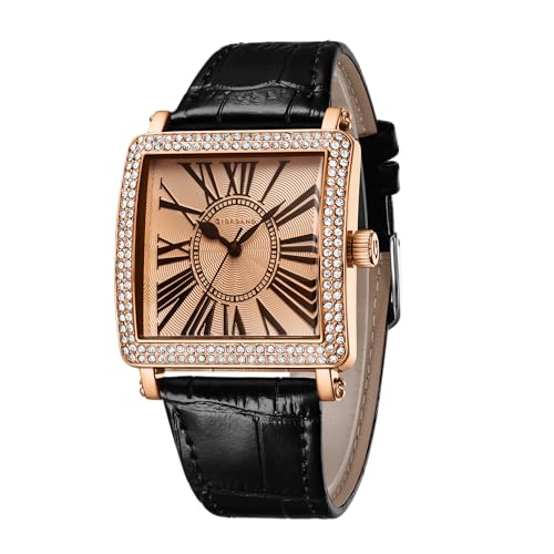 Giordano Elegant Watch for Women – Crystal-Studded Square Dial, Leather Band, Roman Numeral Dial - Image 1