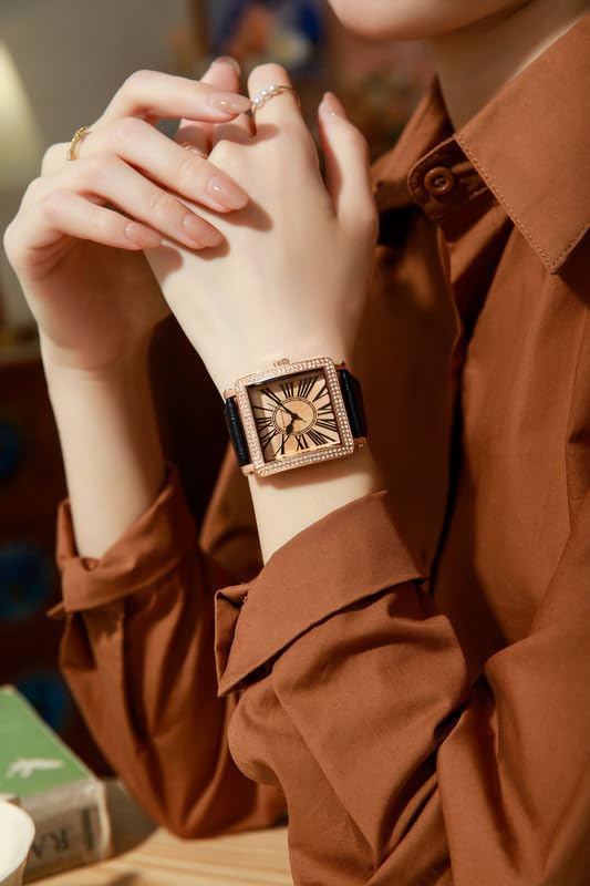 Giordano Elegant Watch for Women – Crystal-Studded Square Dial, Leather Band, Roman Numeral Dial - Image 2