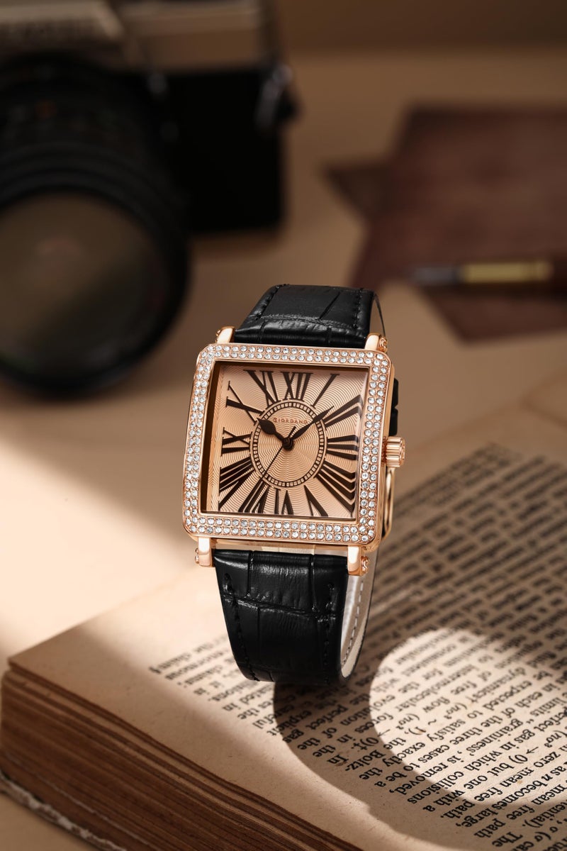 Giordano Elegant Watch for Women – Crystal-Studded Square Dial, Leather Band, Roman Numeral Dial - Image 4