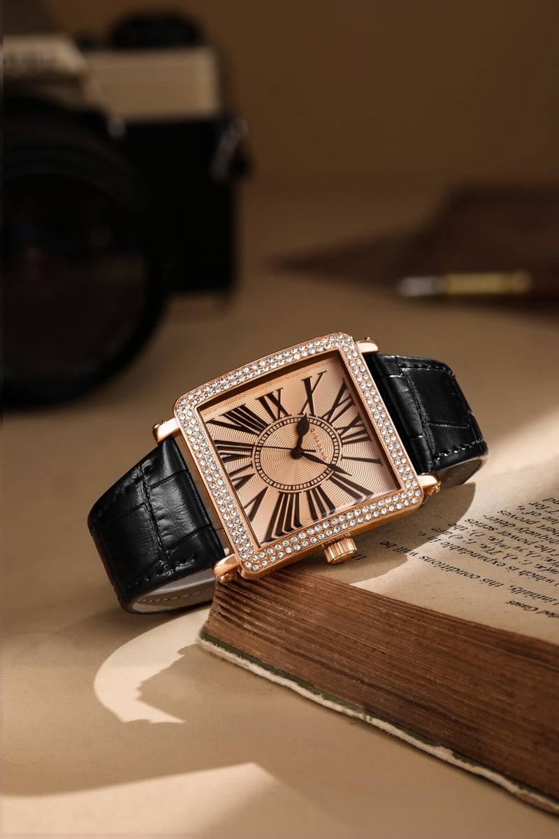 Giordano Elegant Watch for Women – Crystal-Studded Square Dial, Leather Band, Roman Numeral Dial - Image 3
