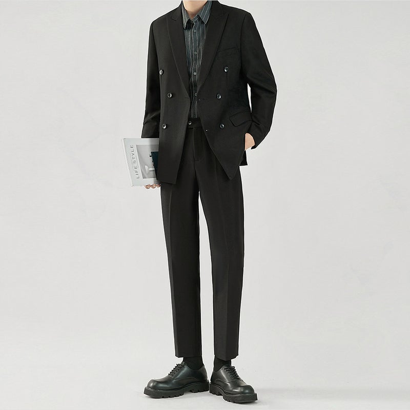 Classic Solid Color High Quality Double Breasted Design Slim Suit Suit Business Black Gentleman Suit - Image 2